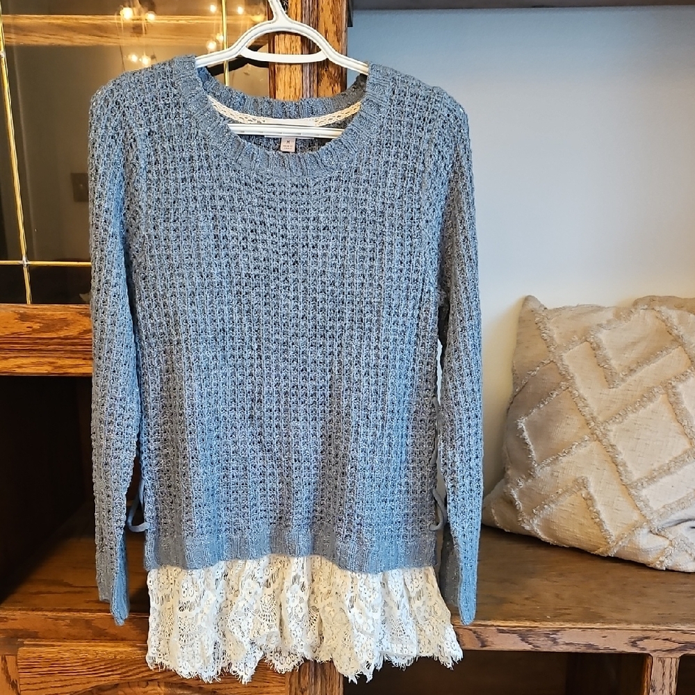 Knox Rose Blue Sweater with Lace Trim